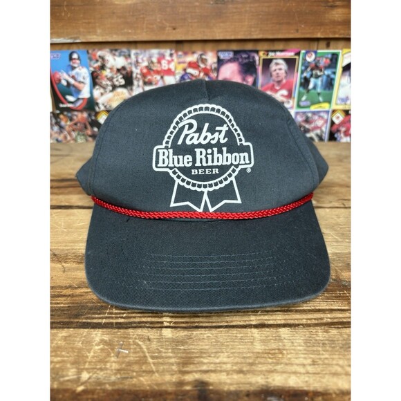 Retro Pabst Blue Ribbon Beer Ball Cap Snapback Outdoor Caps Navy With Red Rope - Picture 1 of 5